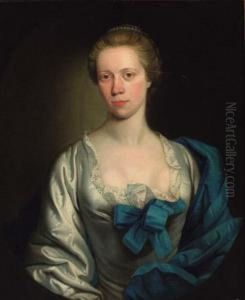 Portrait Of A Lady, Half-length,
In A White Dress Trimmed Withlace, With A Blue Shawl, Feigned Oval by Henry Pickering