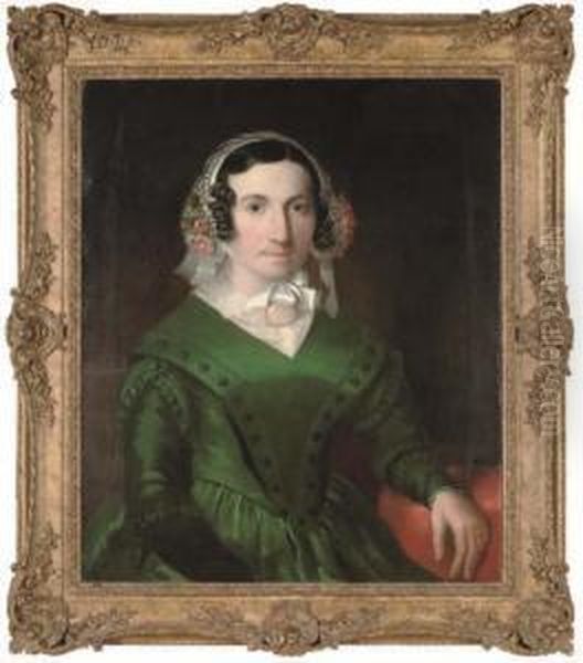 Portrait Of Jane Turner Nee
Stubbins, Half-length, In A Green Dress, And Lace Bonnet With Flowers - view 1