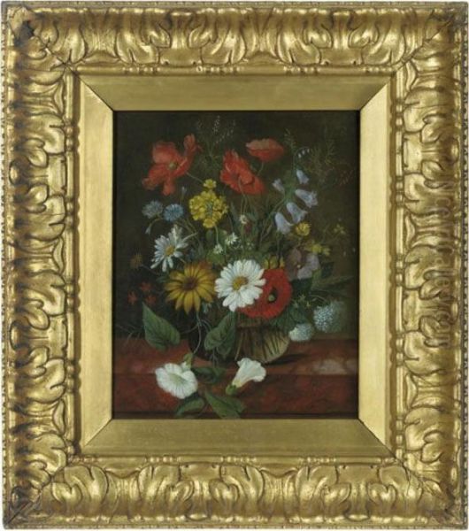 Summer Flowers In A Glass Vase On A Marble Ledge - view 1
