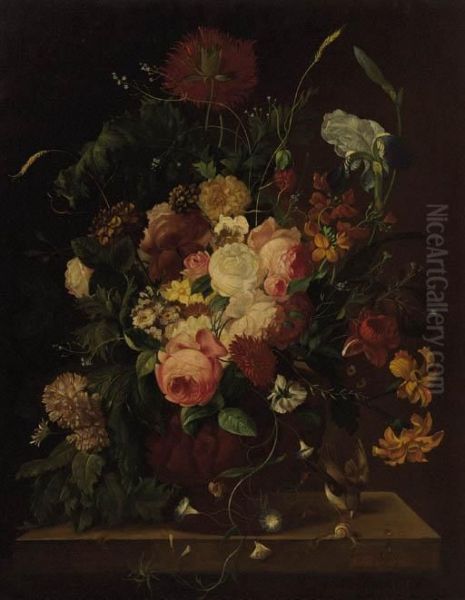 Roses, Irises, Daffodils, Carnations And Other Flowers In A Vase On A Ledge - view 1
