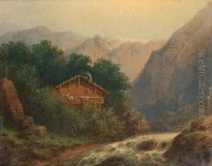 An Alpine Landscape With Figures by August Bedrich Piepenhagen
