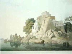 SW View of the Fakeers Rock in the River Ganges near Sultaungunge by Thomas & William Daniell