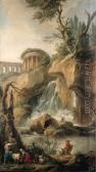 A View Of The Falls Of Tivoli 
With A Peasant Milking A Goat, Atraveller On A Mule With A Dog And 
Fishermen On A Rock - view 1