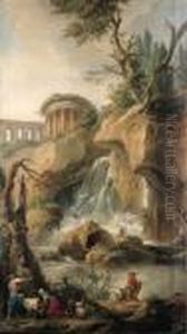 A View Of The Falls Of Tivoli 
With A Peasant Milking A Goat, Atraveller On A Mule With A Dog And 
Fishermen On A Rock
