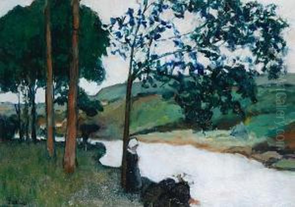Breton River Scene With Figures In Breton Costume - view 1