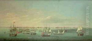 British French and Maltese merchantmen and men of war off Cadiz by Arthur A. Dixon