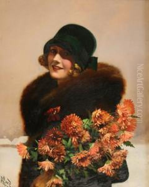 Halflength Portrait Of A Young 
Lady Wearing A Green Hat And Fur Coatwhilst Holding Chrysanthemums - view 1