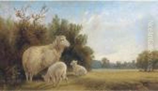 Ewe And Lambs In A Landscape, With Cattle Beyond - view 1