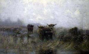 Highland Cattle Beside A Stream by Sidney Pike