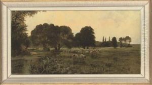 A Flock Of Sheep Beside A River