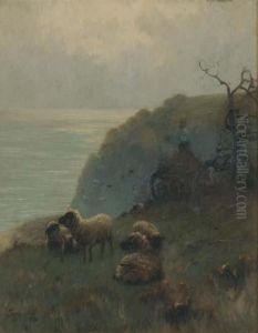 Sheep Beside A Cliff, Over Looking The Sea by Sidney Pike