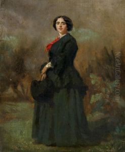 Portrait De Femme Au Foulard Rouge Dans Un Paysage by Isidore Alexandre Augustin Pils