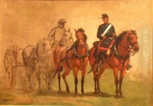 Two Artillery Officers On Horseback Followed By Artillery Caisson,an Unfinished Study