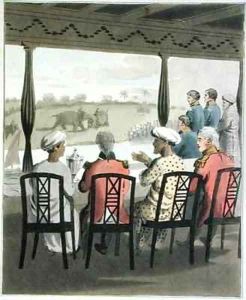 Marquis Wellesley and his Suite at the Nabob of Oudes Breakfast Table viewing an elephant fight by Charles D'Oyly