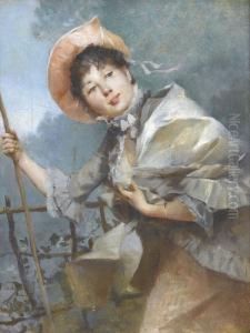 Junge Frau Mit Rosafarbenem Hut Und Stock by Auguste Emile Pinchart