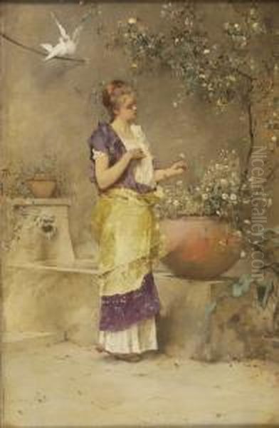 Girl Picking Daisies While A
Pair Of Doves Sit On A Branch Above Her Head. Signed Middle Left. - view 1