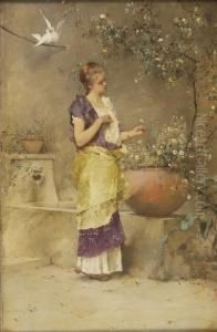Girl Picking Daisies While A 
Pair Of Doves Sit On A Branch Above Her Head. Signed Middle Left.