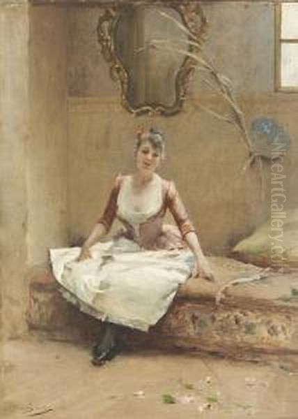 Junge Frau In Einem Rosa-weissen Kleid. - view 1