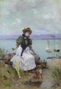 A Young Girl With A Parasol by Auguste Emile Pinchart