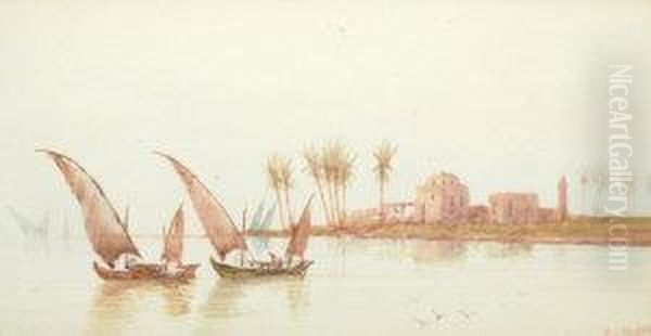 Fishermen On The Nile; Watercolour, Signed, 14x27cm - view 1