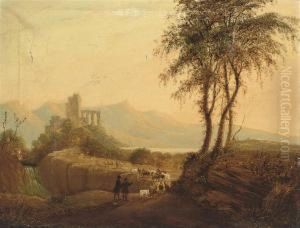 An Italianate River Landscape 
With Drovers And Their Goats In Theforeground, Ruins Beyond