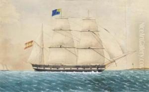 The Spanish Barque Atenas Running Inshore With A Lighthouse Off Herport Bow by Jose Pineda Guerra