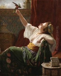 A Beauty Holding A Bird by Louis-Emile Pinel De Grandchamp