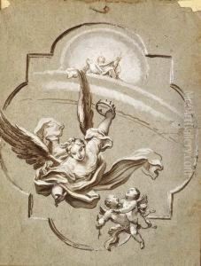 A Flying Figure Holding A Crown With Two Putti And Juno On Arainbow A Flying Figure Holding A Crown With Two Putti And Juno On Arainbow