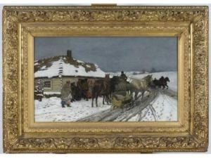 Troika Et Halte De Cavalerie Dans La Neige by Antoni Piotrowski