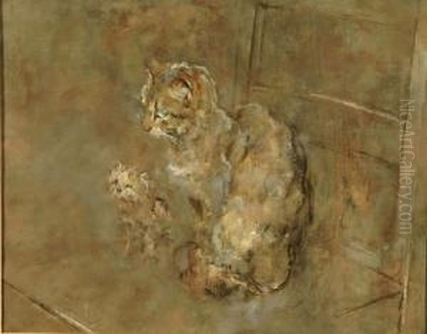 A Cat With Kitten Seated On A Stool - view 1