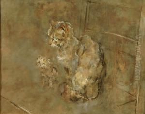 A Cat With Kitten Seated On A Stool