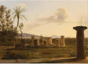 An Italian Landscape With Figures Near A Ruin by Anthonie Sminck Pitloo