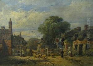 A Village Scene With Figures And Animals