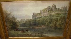 Cattle Watering At A River Beneath Castle Ruins, Signed And Dated 'william Pitt 1889'