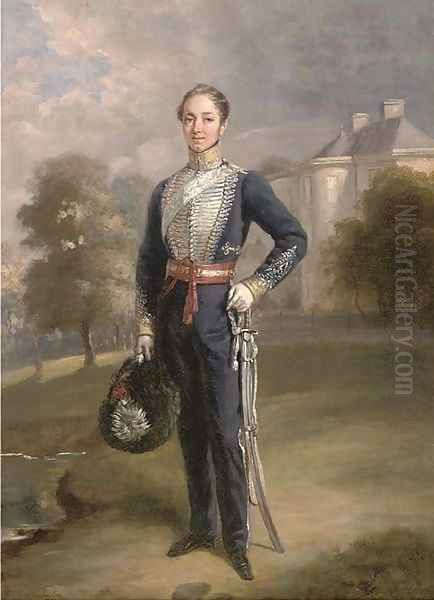 Portrait of Lieutenant George Ramsay of Lixmont, full-length, in the uniform of a Scottish Yeomanry Regiment, before a country house - view 1