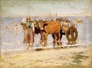 Valenciana Con Carro De Bueyes En La Playa by Alberto Pla y Rubio
