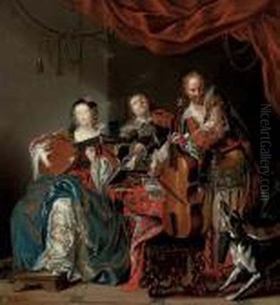 Elegant Company Making Music In An Interior by Johann Georg Platzer