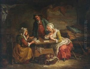 Stubeninterieur Mit Kartenlegerin Und Paar An Einem Tisch