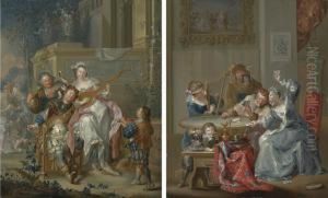 An Elegant Couple Music-making And Drinking Outside A Villa by Johann Georg Platzer