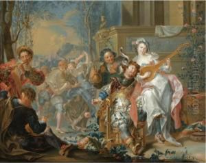 A Palace Garden With Figures Dancing And Making Music by Johann Georg Platzer