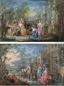 A Company Making Music In The 
Grounds Of A Country Villa; And Afamily Outside Their Villa With An 
Extensive River Landscapebeyond