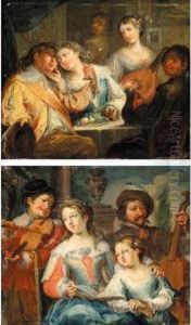 A Family Group Singing, A Man Playing An Instrument Behind by Johann Georg Platzer