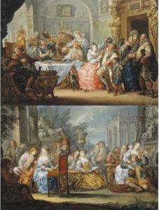Interior With Elegant Figures In
Masquerade Costume Feasting; A Music Party In The Grounds Of An
Italianate Villa by Johann Georg Platzer