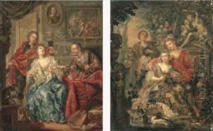 A Young Couple And A Huntsman In
 A Woodland Garden; And An Old Man, His Wife And Her Lover In An 
Interior