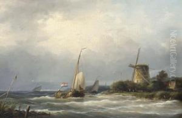 A Sailboat On Rough Seas By A Windmill - view 1
