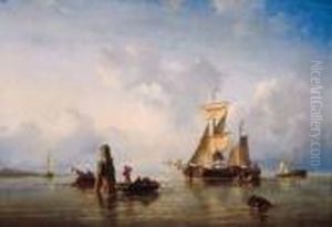 Moored Sailingvessels In A Sunlit Estuary by Ary Pleysier