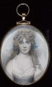 A Young Lady, Wearing White 
Dress With Pale Blue Ribbon Waistband, A Strand Of Pearls In Her Hair. by Andrew Plimer