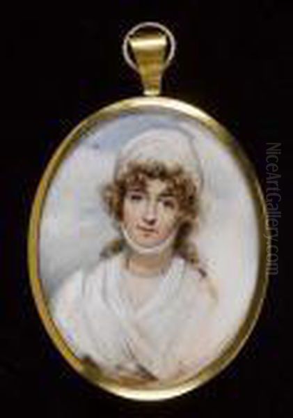 A Lady, Wearing White Dress, White Turban Tied Beneath Her Chin And Pearls. - view 1
