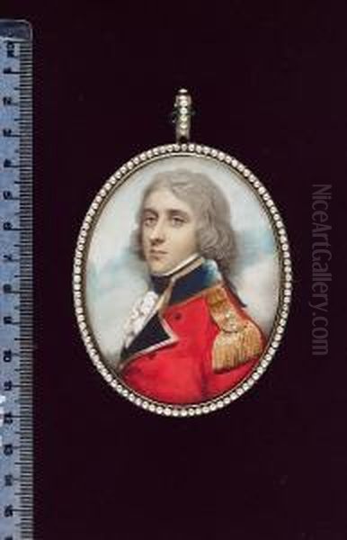 An Officer, Wearing Scarlet Coat
With The Dark Blue Facings Edged With Broad Gold Lace And Gold
Epaulette With Grenade Over Star, White Waistcoat, Frilled Chemise And
Black Stock, His Hair Powdered And Worn - view 1