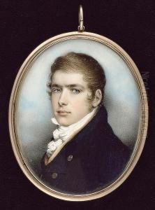 A Young Gentleman, Wearing Dark
Blue Coat, Yellow Waistcoat And Frilled White Chemise And Tied Stock by Andrew Plimer